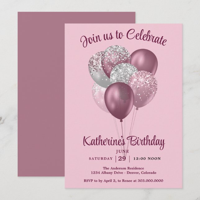 Convite Balões Lilás de Aniversário  (Frente/Verso)