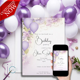Convite Balões Lilás e Flores QR Aniversário