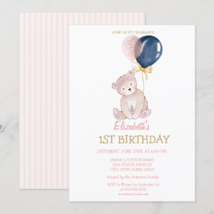 Convite Balões Listrados de Urso de Pelúcia Aniversário