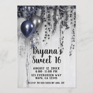 Convite Balões Metálicos Azuis Silver Ivy White Sweet 16