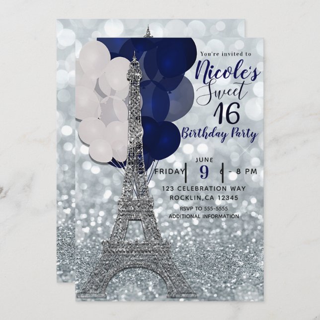 Convite Balões Navy com Glitter Prateado Torre Eiffel de P (Frente/Verso)