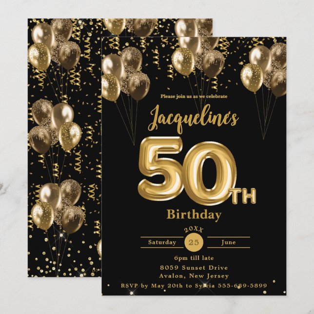 Convite Balões Negros e Dourados Confetti 50º Aniversário (Frente/Verso)