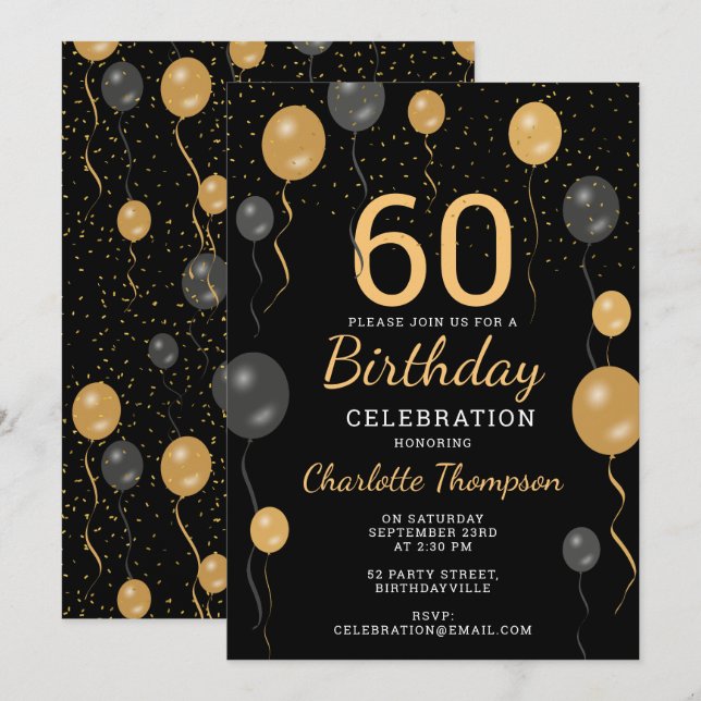 Convite Balões Negros e Dourados Elegantes 60ª Festa de an (Frente/Verso)