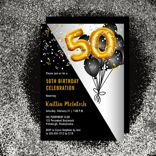 Convite Balões Negros Elegantes | Dourada 50.a Festa de an (Balloons Elegant Black, Gold and Silver Tone 50th Birthday Party Invitation )