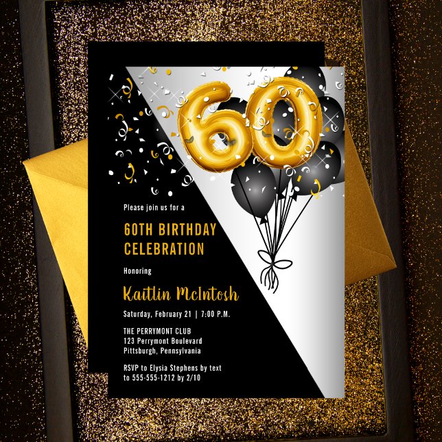 Convite Balões Negros Elegantes | Dourada 60.a Festa de an (Elegant Black Balloons |  Gold Number Balloons "60" 60th Birthday Party Invitation Print Digital)