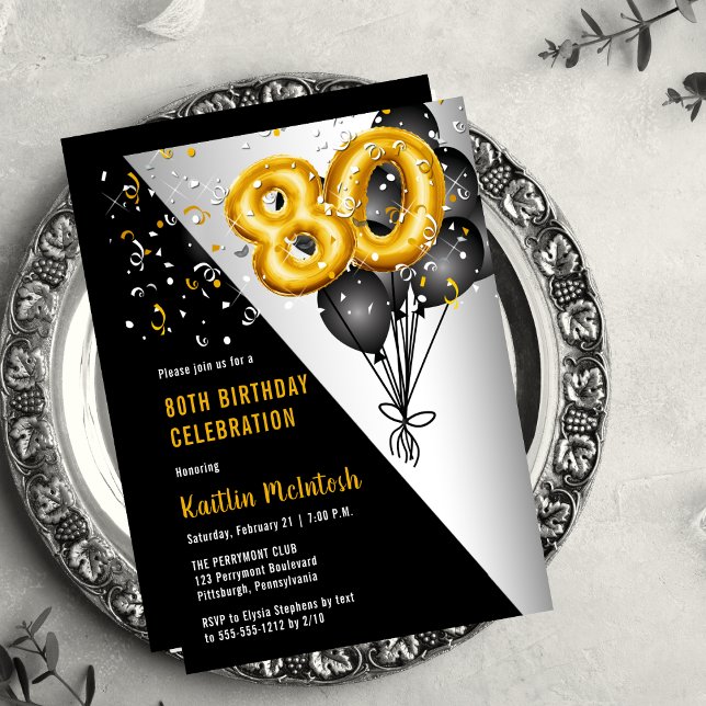 Convite Balões Negros Elegantes | FESTA DE ANIVERSÁRIO DOU (Balloons Elegant Black, Gold and Silver Tone 80th Birthday Party Invitation )