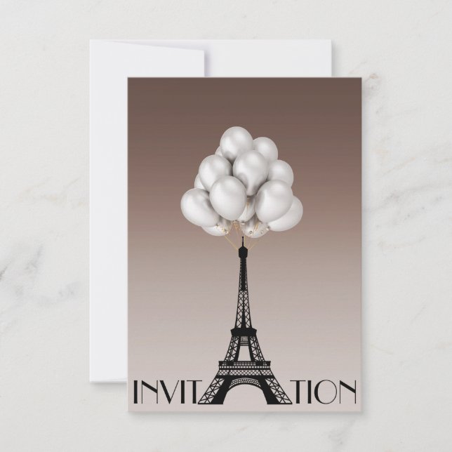 Convite Balões Paris Eiffel Tower Glam Chic Ivory (Frente)