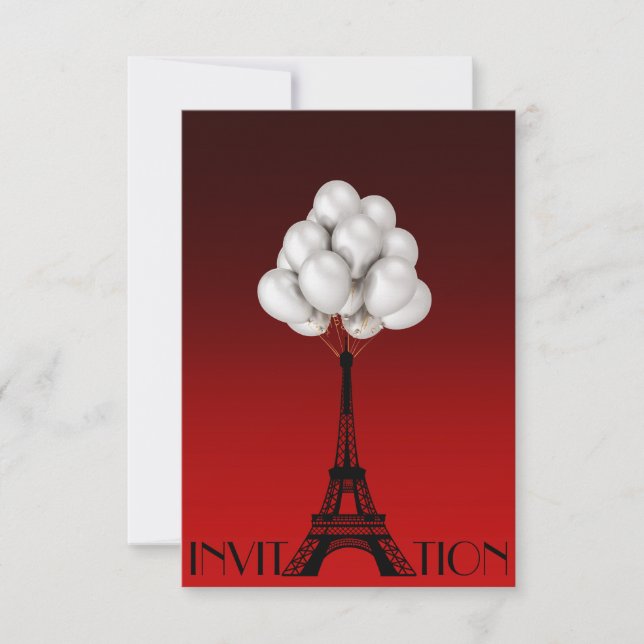 Convite Balões Paris Eiffel Tower Glam Chic Red (Frente)