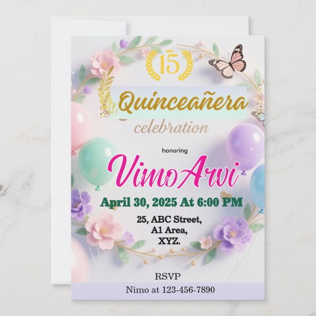 Convite Balões Pastéis e Borboleta Aniversário de Quinceañ (Frente)