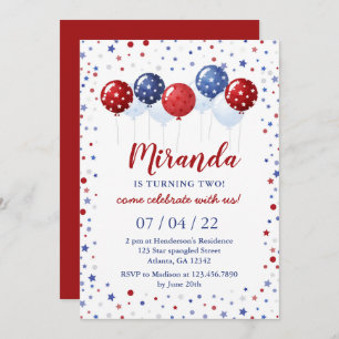 Convite Balões Patrióticos Vermelhos e Azuis 4 de julho An