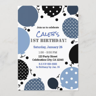Convite Balões Pontilhados de Azul e Preto 1º Festa de Ani