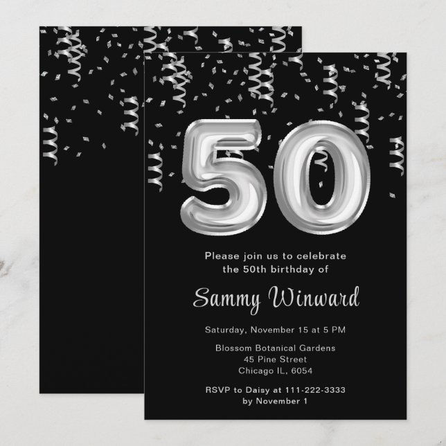 Convite Balões Prateados de Aniversário de 50 anos com Con (Frente/Verso)