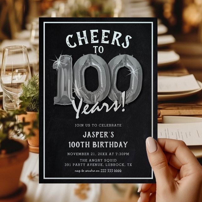 Convite Balões Prateados de Chalkboard Rustic 100th Aniver (Criador carregado)