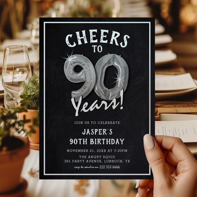 Convite Balões Prateados de Chalkboard Rústico para Aniver (Criador carregado)