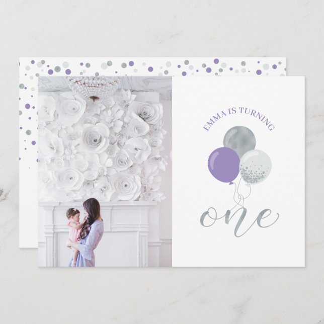 Convite Balões Prateados | Festa de primeiro aniversario (Frente/Verso)