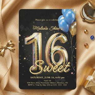 Convite Balões Preto Dourado Azul Brilho Doce 16 Aniversár