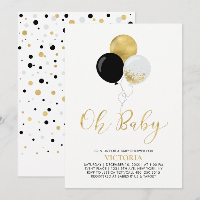 Convite Balões Preto & Ouro | Oh Bebê Menino Chamada de Be (Frente/Verso)