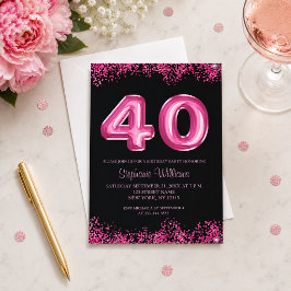 Convite Balões Preto Rosa Brilho 40º Aniversário