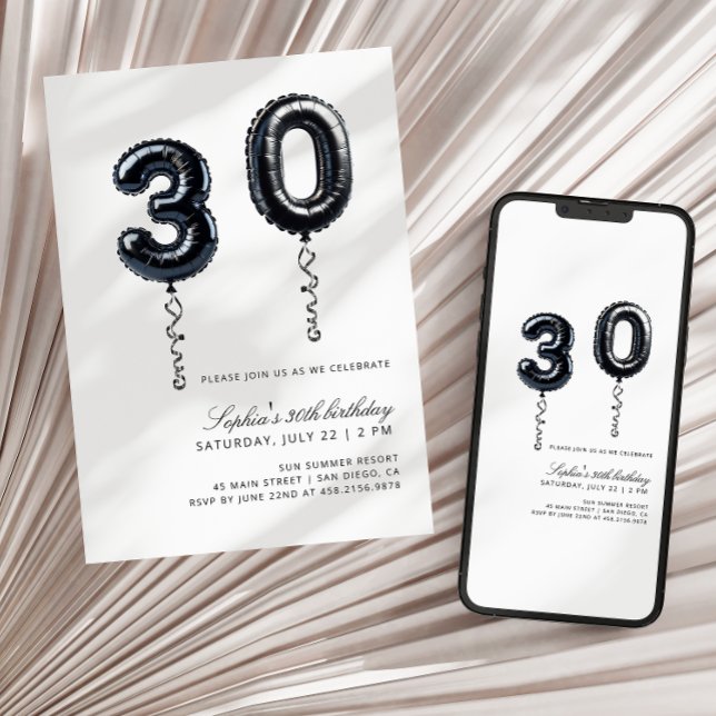 Convite Balões Pretos e Brancos Minimalistas para Aniversá (Criador carregado)