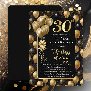 Convite Balões Pretos Elegantes Dourados Reunião de Turma