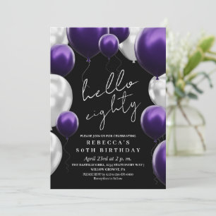Convite Balões Pretos Prata Roxo de Aniversário de 80 Anos