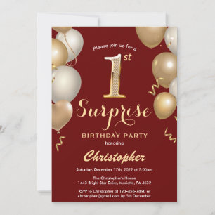 Convite Balões primeiro aniversario escuro e Dourado Surpr