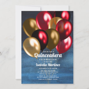 Convite Baloes Quinceañera Azul Marinho Vermelho Dourado