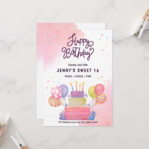 Convite Balões Rosa Aquarela Aniversário de 16 anos Doce