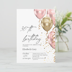 Convite Balões Rosa Bege Dourado de Aniversário de 30 Anos