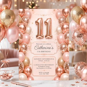 Convite Balões Rosa Dourado Rosa 11 Anos Festa de Aniversá