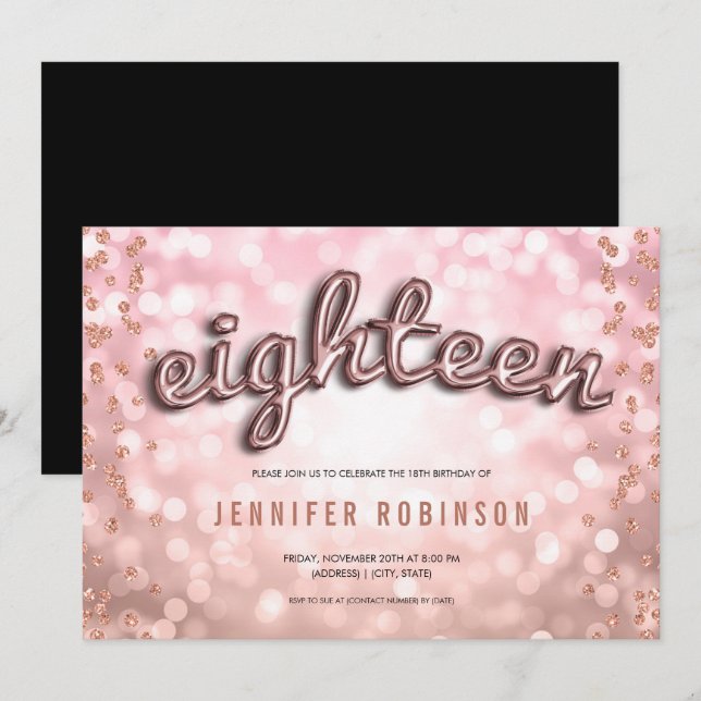Convite Balões Rosa Dourado Rosa para 18º Aniversário com  (Frente/Verso)