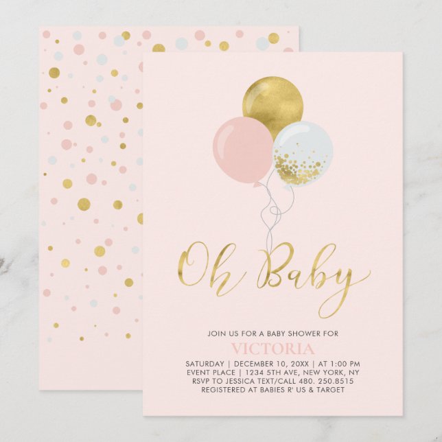 Convite Balões Rosa e Dourado | Oh Menina Bebê Chamada Bab (Frente/Verso)