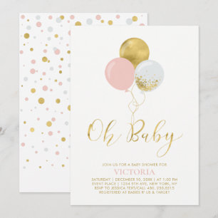 Convite Balões Rosa e Dourado   Oh Menina Bebê Chamada Bab