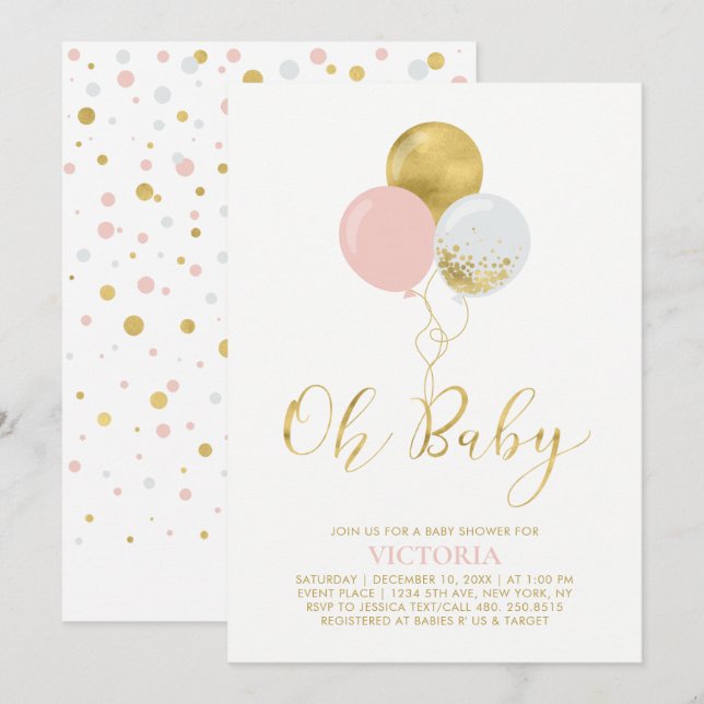 Convite Balões Rosa e Dourado | Oh Menina Bebê Chamada Bab (Frente/Verso)