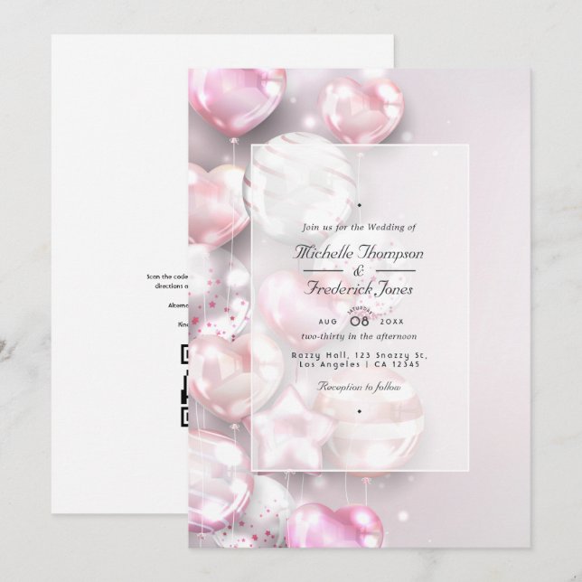 Convite Balões Rosa e Dourado Rosa Código QR RSVP Casament (Frente/Verso)