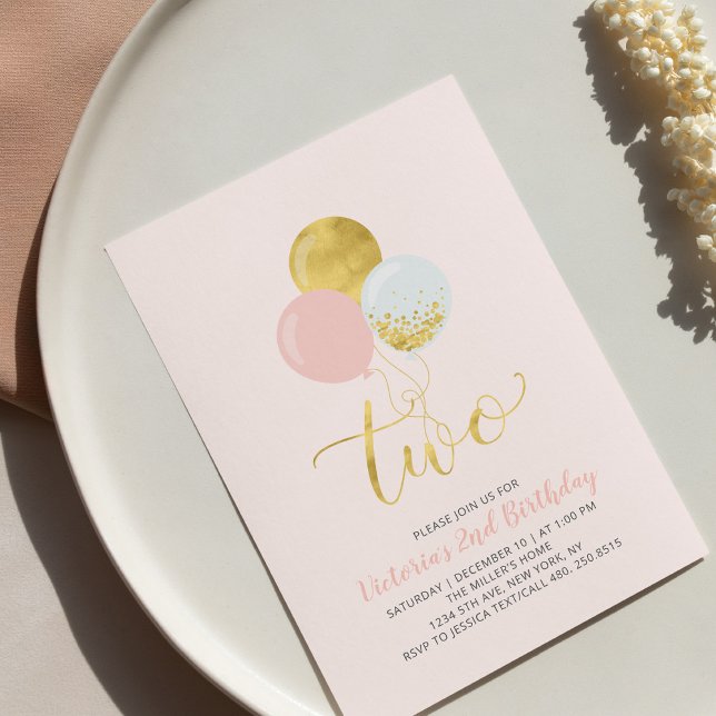 Convite Balões rosa e Dourados | Festa de segundo aniversá (Criador carregado)