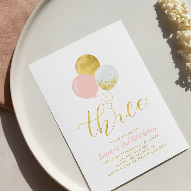 Convite Balões rosa e Dourados | Moça aniversário de 3 ano (Criador carregado)