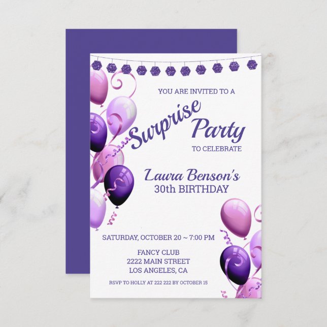 Convite Balões Rosa E Roxo Aniversário (Frente/Verso)