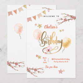 Convite Balões Rosa Florais em Aquarela Aniversário