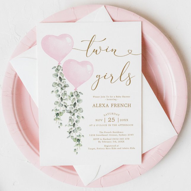 Convite Balões Rosa Genéricos Gêmeas Gêmeas Sweetheart Beb (Criador carregado)