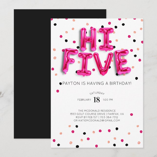 Convite Balões Rosa | Hi Five 5º Aniversário (Frente/Verso)