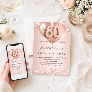 Convite balões rosa ouro de 60º aniversário