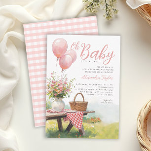 Convite Balões Rosa Piquenique Floral Chá de Bebê Menina C