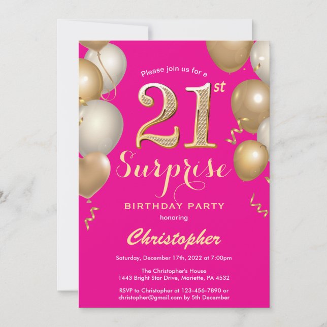 Convite Baloes Rosa Quente e Dourado de Aniversário de 21  (Frente)