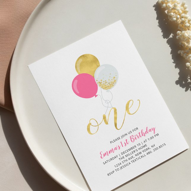 Convite Balões rosa-quente e Dourados 1 Festa de aniversár (Criador carregado)