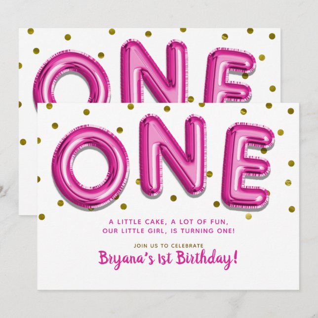 Convite Balões rosa-quente Pontos Dourados Um Partido prim (Frente/Verso)