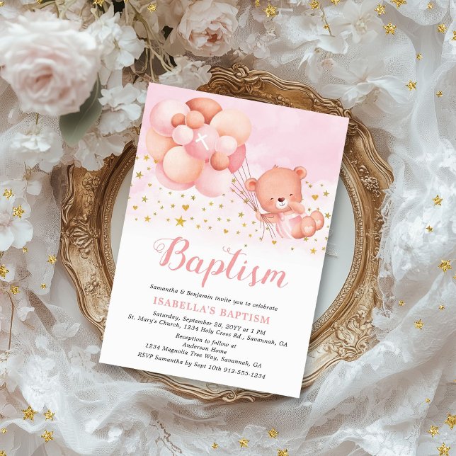 Convite Balões rosa-urso-peludos Dourados estrelas batismo (This cute baptism invitation for girls features a teddy bear being carried away by balloons.)