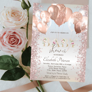 Convite Balões Rose Gold Glitter Confete Prata