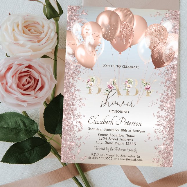 Convite Balões Rose Gold Glitter Confete Prata (Criador carregado)