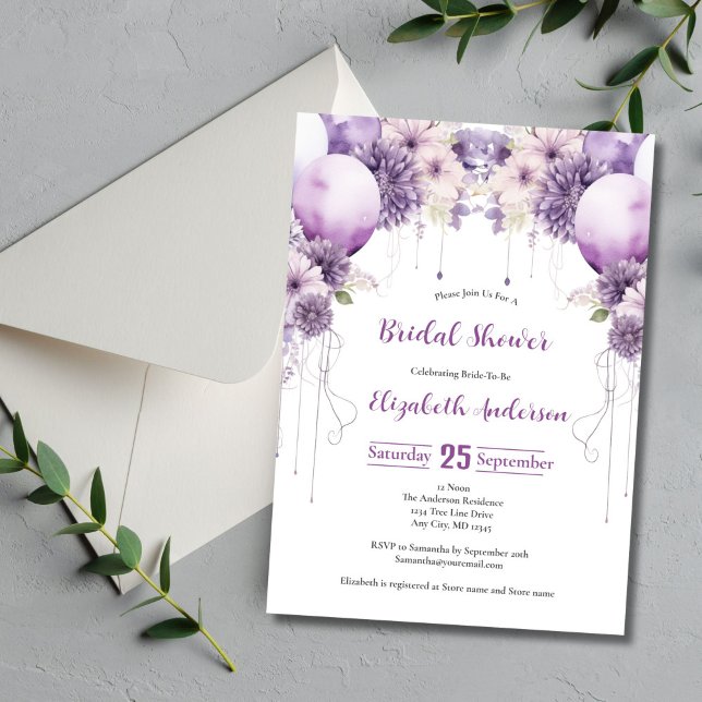 Convite Balões Roxos Floresta de Aquarela Chá de panela (Purple Balloons and Flowers Arch Bridal Shower Invitation. Watercolor Elegant)